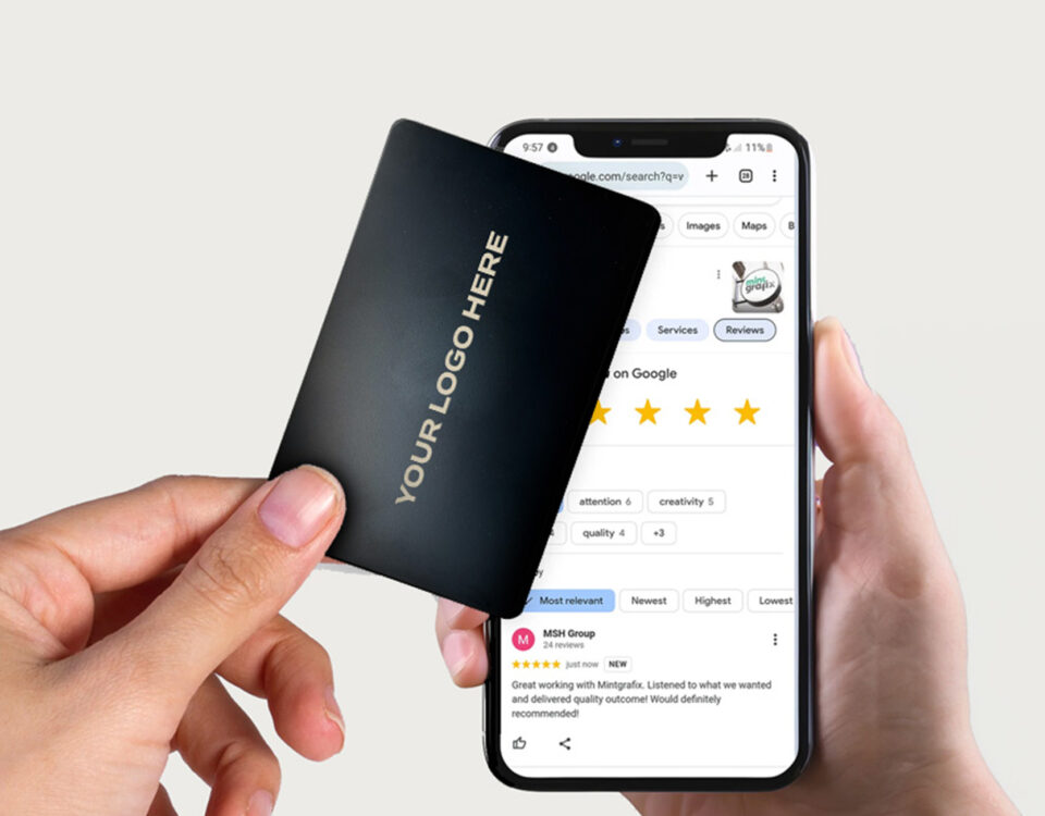image showing NFC business card tapping on to a mobile phone with google reviews