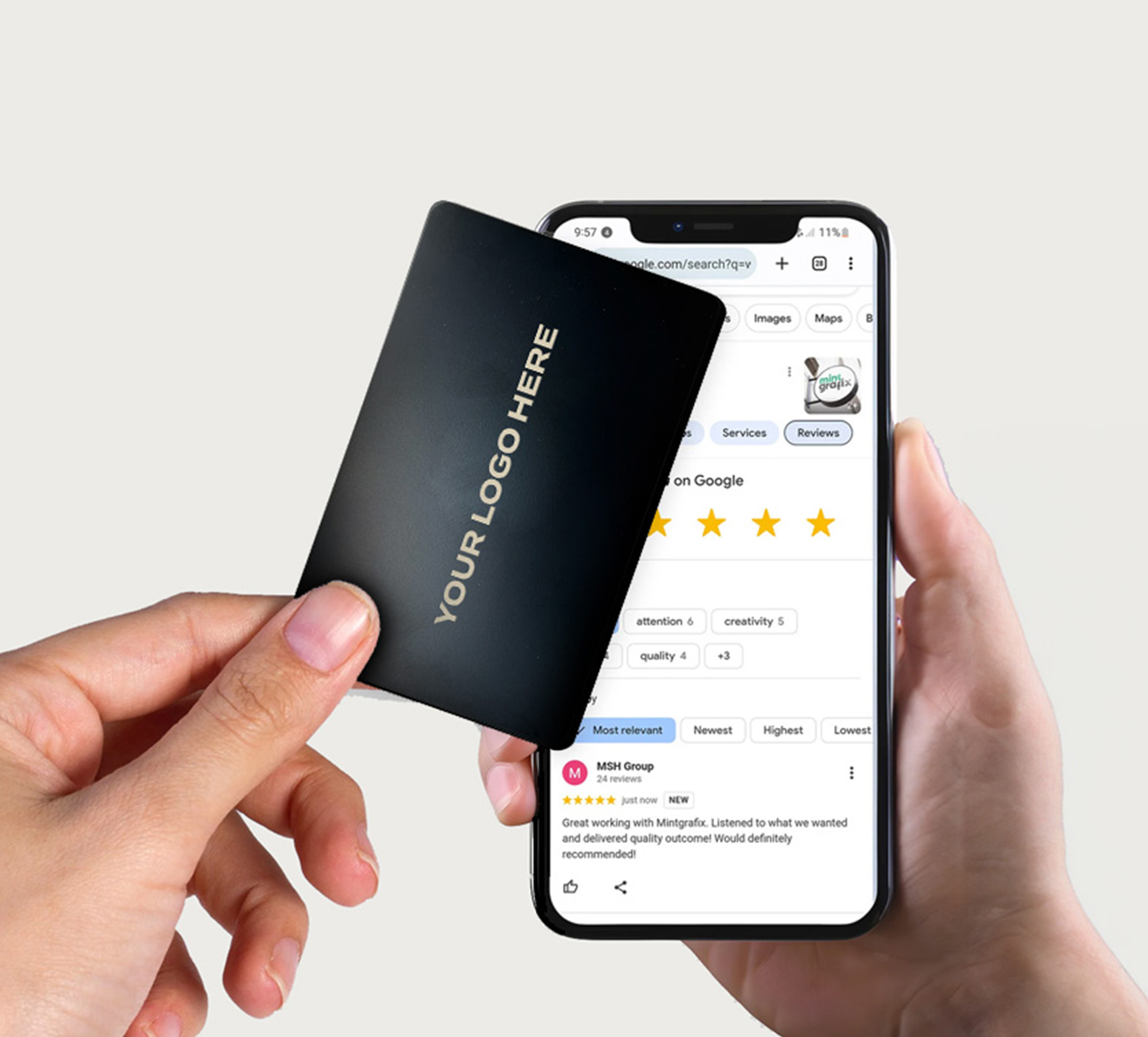 image showing NFC business card tapping on to a mobile phone with google reviews