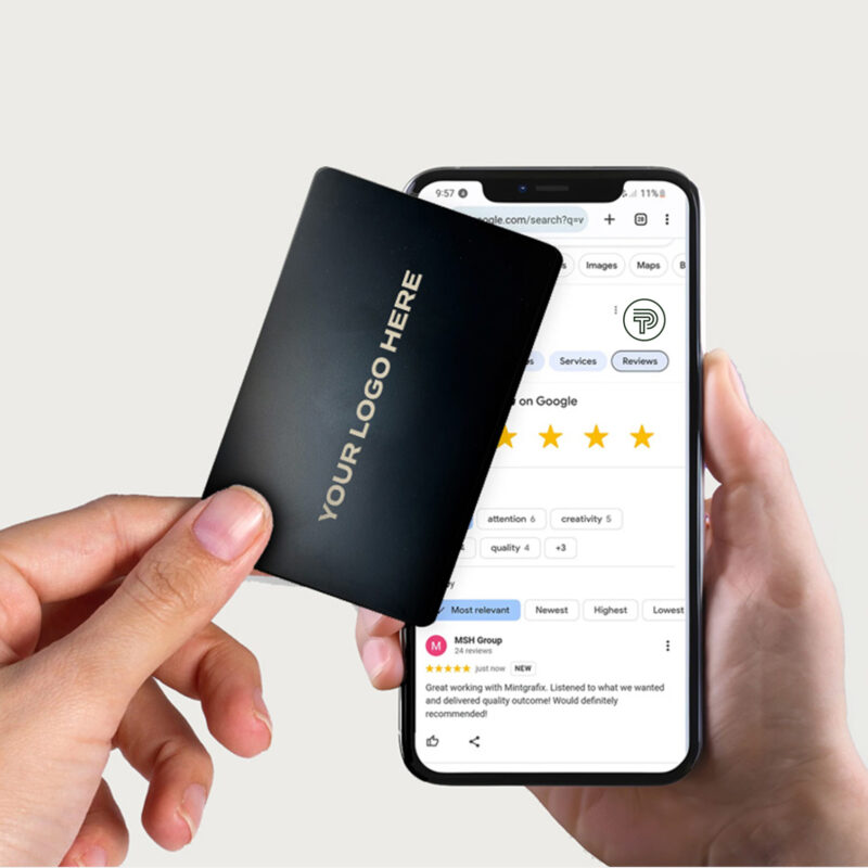 image showing NFC business card tapping on to a mobile phone with google reviews