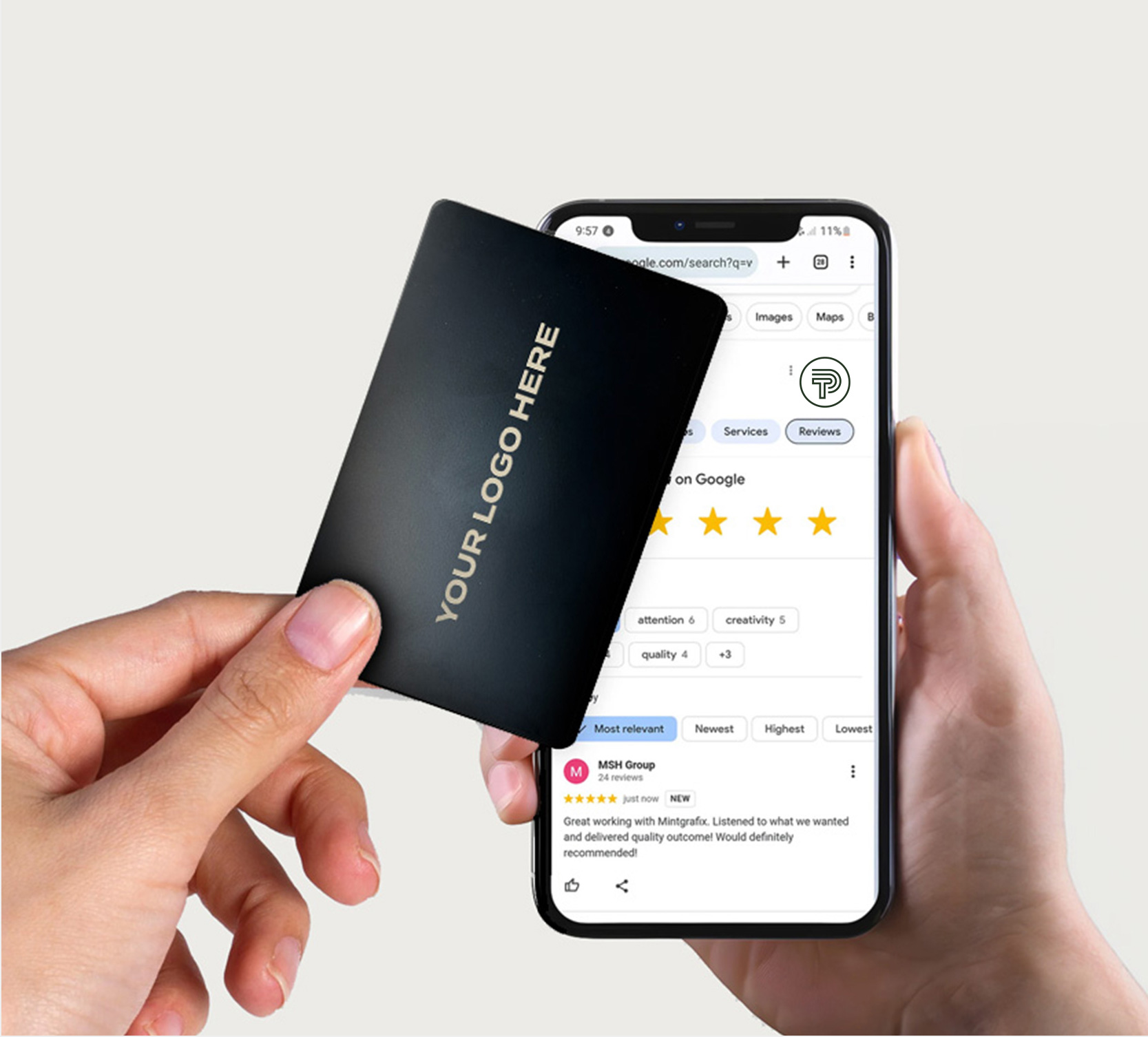image showing NFC business card tapping on to a mobile phone with google reviews