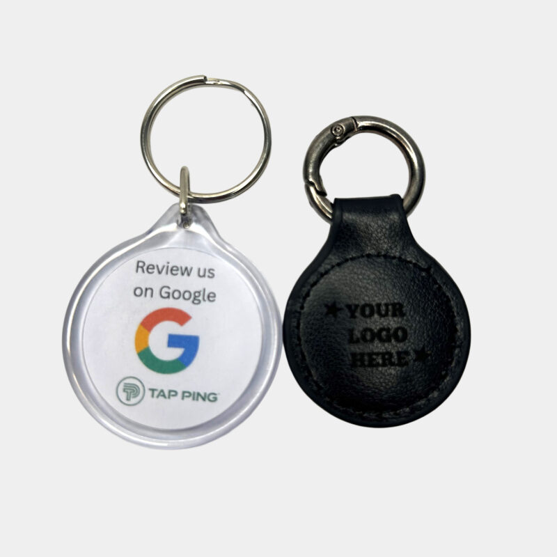 Two NFC enabled review keyrings. Leather and clear plastic