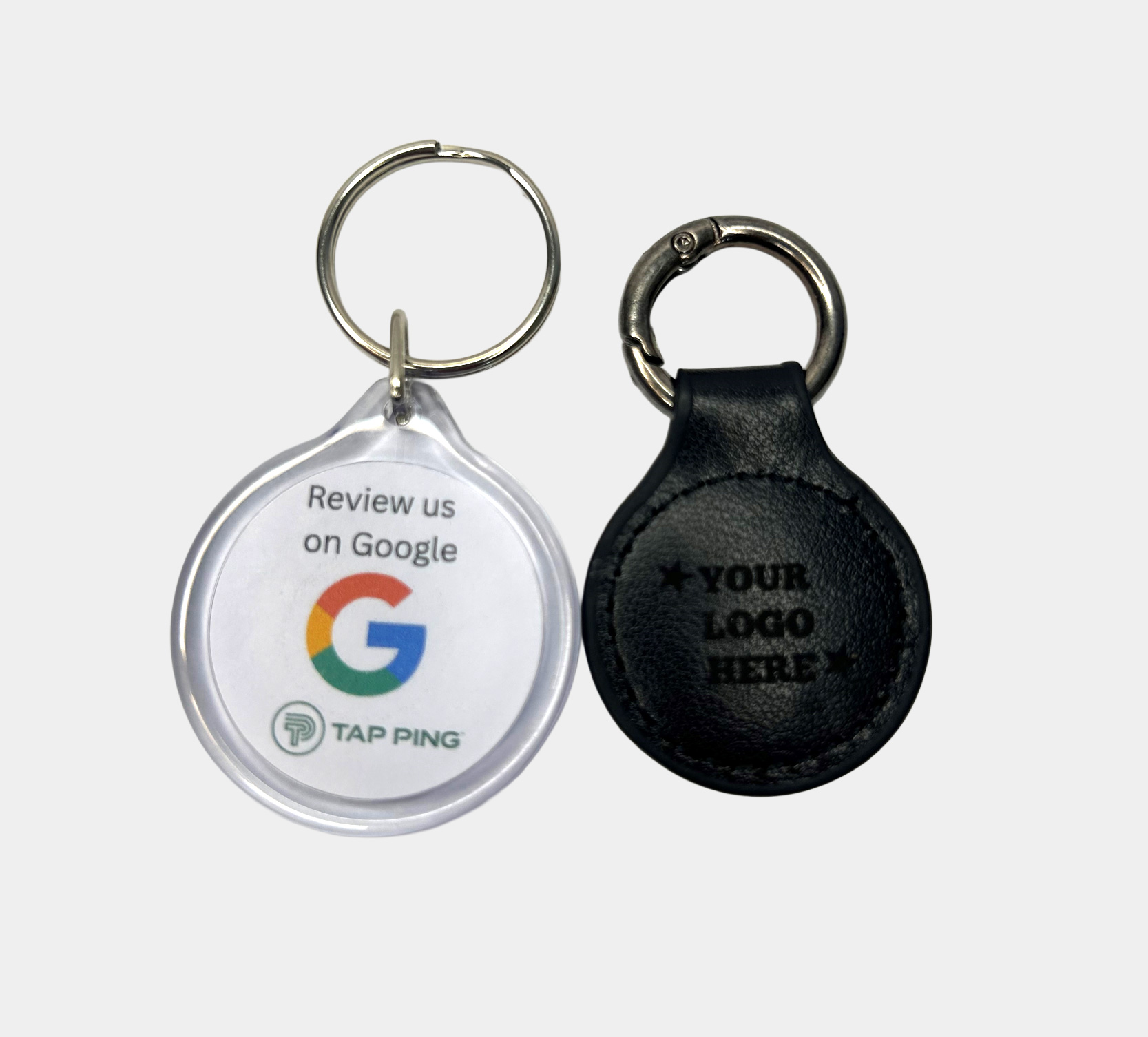Two NFC enabled review keyrings. Leather and clear plastic