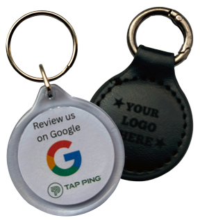 Two NFC enabled review keyrings. Leather and clear plastic