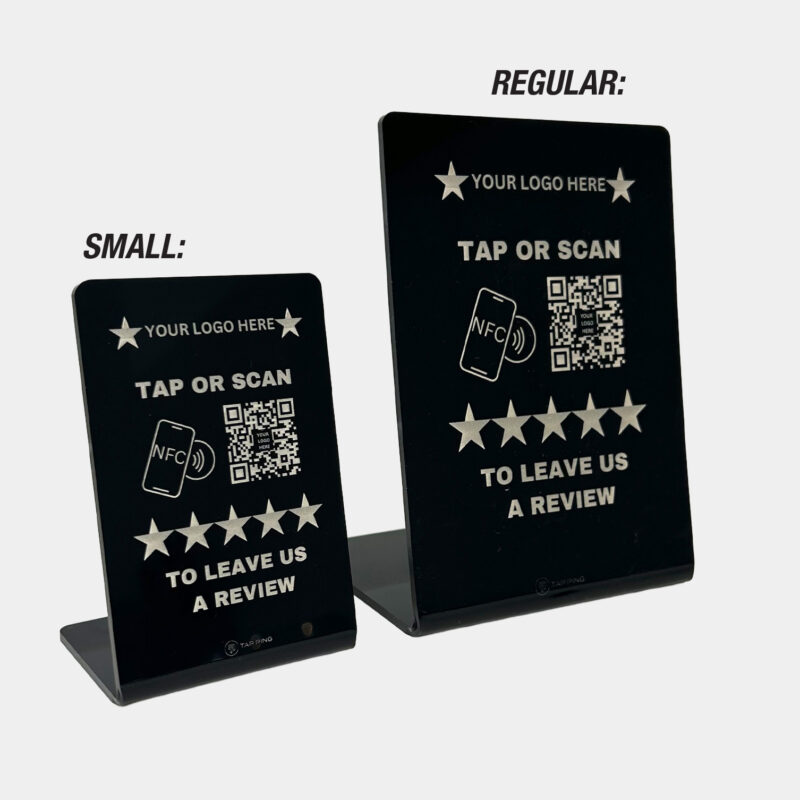 image showing Small and regular size NFC QR Code black table stand