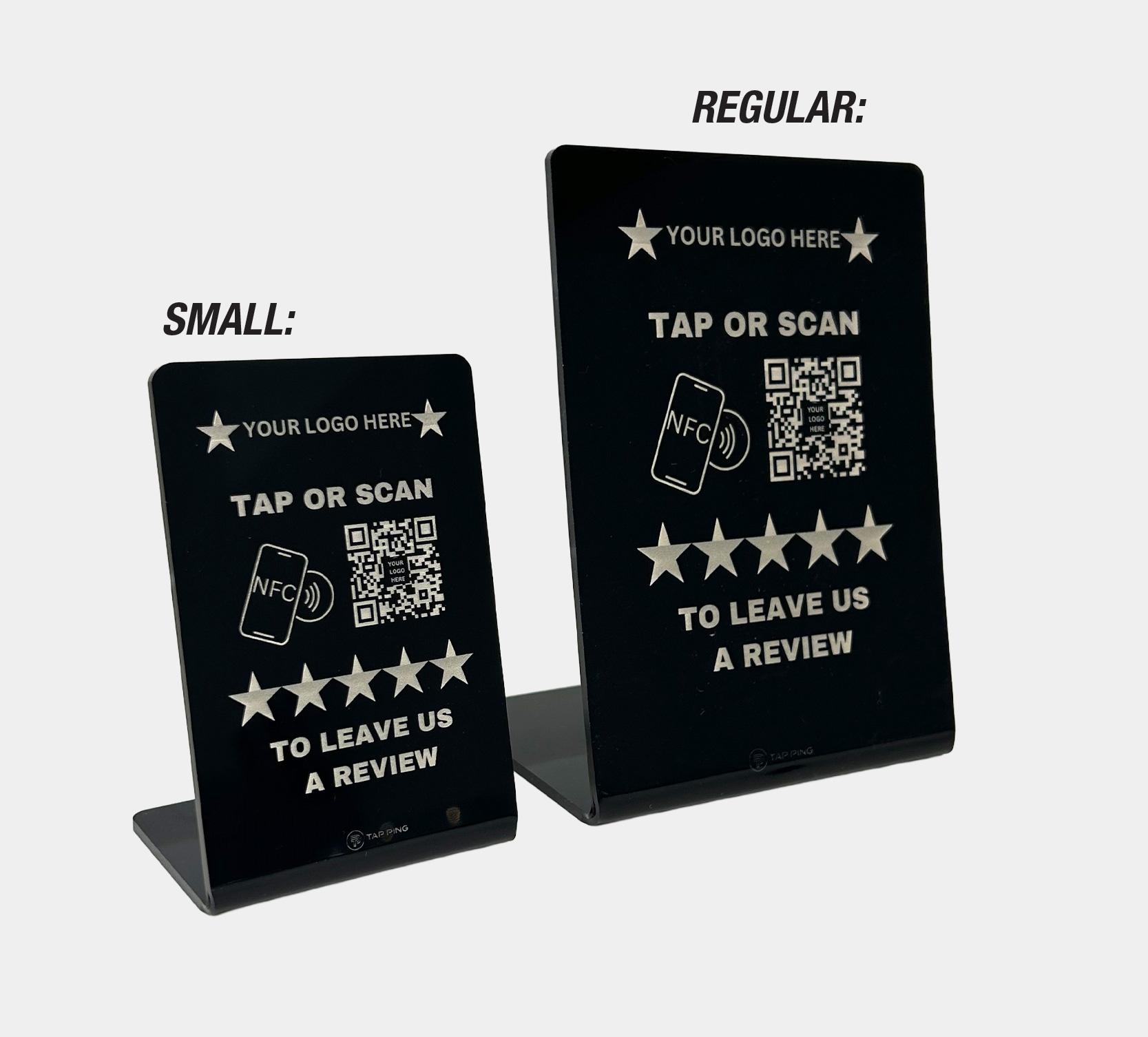 image showing Small and regular size NFC QR Code black table stand