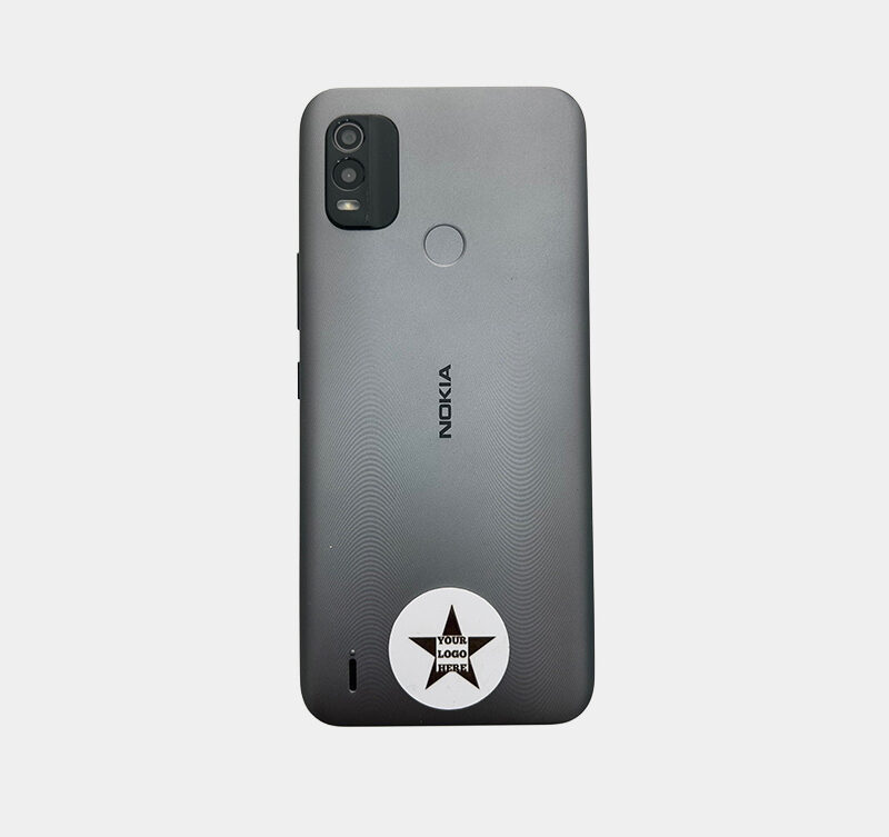 White NFC Enabled Sticker with custom Logo on back of a grey Nokia mobile phone case