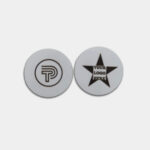 Two White NFC Enabled Sticker with custom Logos. Tap Ping Logo and Star
